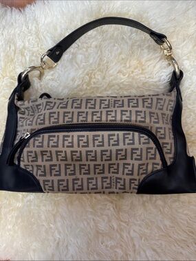Fendi Beige Monogram Canvas Shoulder Bag with Black Leather Trim